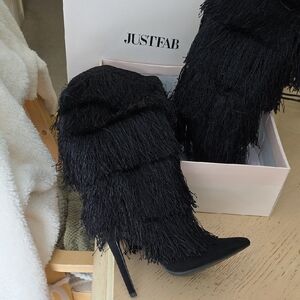 JustFab Black Fringe Heeled Boots